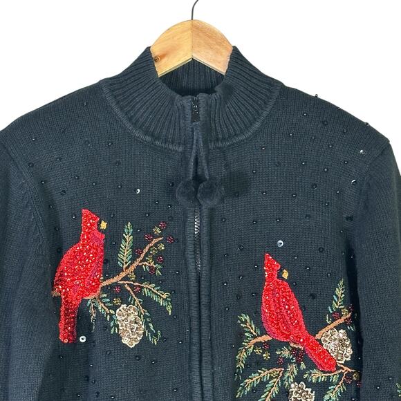 Tiara International Cardinal Bird Knit Jacket Womens M Black Zip Beaded Holiday - Picture 2 of 5